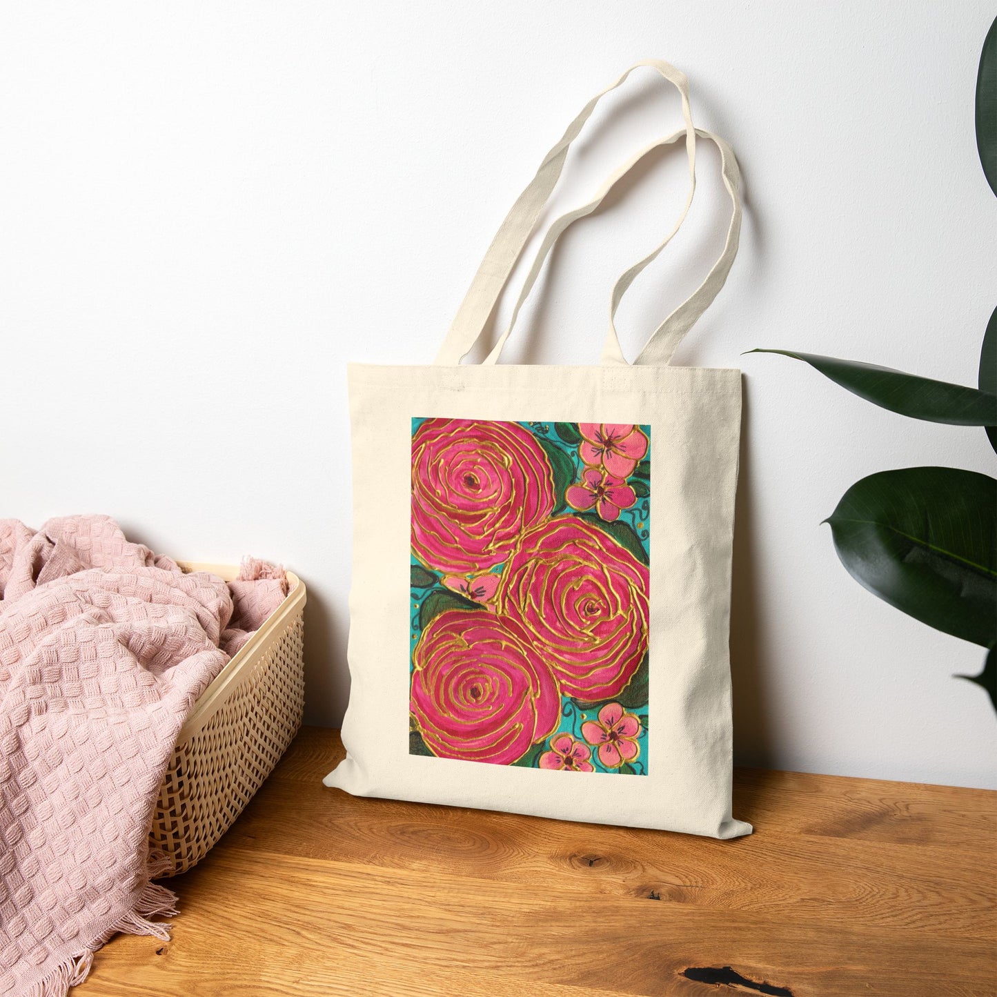 Tropical Gold Roses Cotton Canvas Tote Bag