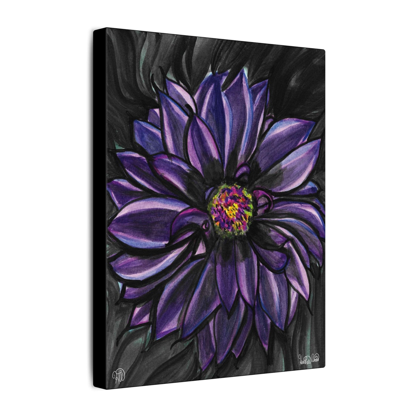 Nocturne Bloom- Purple Dahlia Canvas Print Watercolor Painting