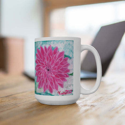Pink Dahlia No. 1: Blush and Sky Mug – Pink Dahlia Flower Art Mug on Aqua – Ceramic Coffee Cup with Original Art by Heather Anne