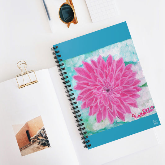 Pink Dahlia No. 1: Blush and Sky Journal Notebook TEAL TURQUOISE COVER, Lined, Spiral Bound, 118 pages Diary with Original Art by Heather Anne