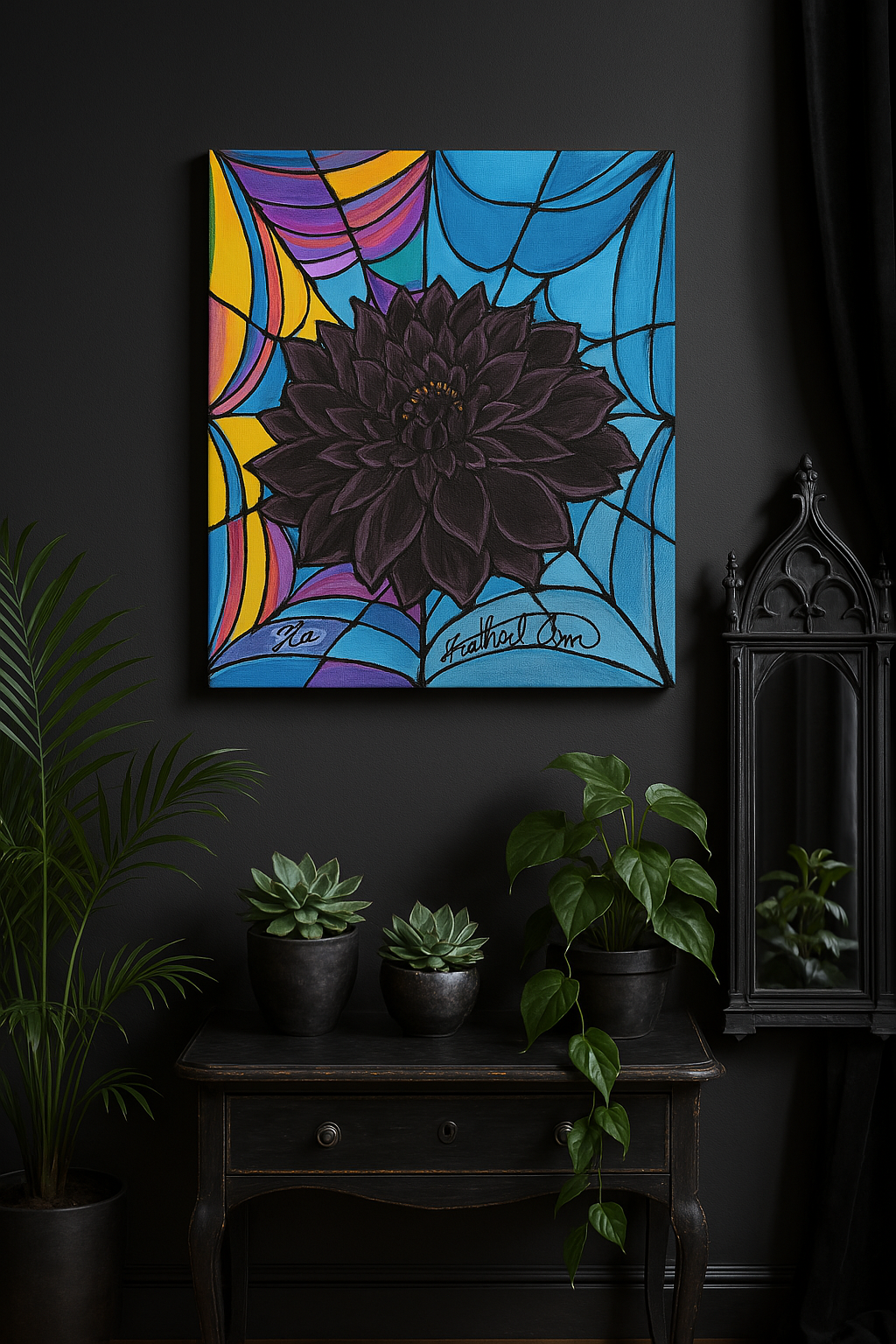 Black Dahlias on Wednesday Canvas Art Print - Watercolor Painting