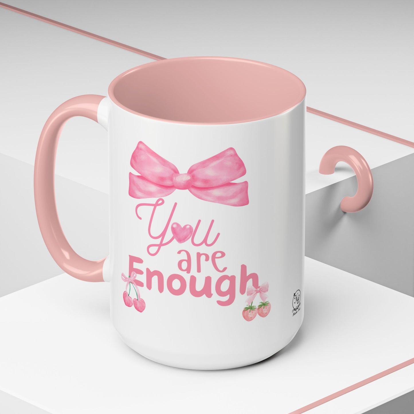 You Are Enough Coquette Style Mug with Pink Bows Cherries & Strawberries