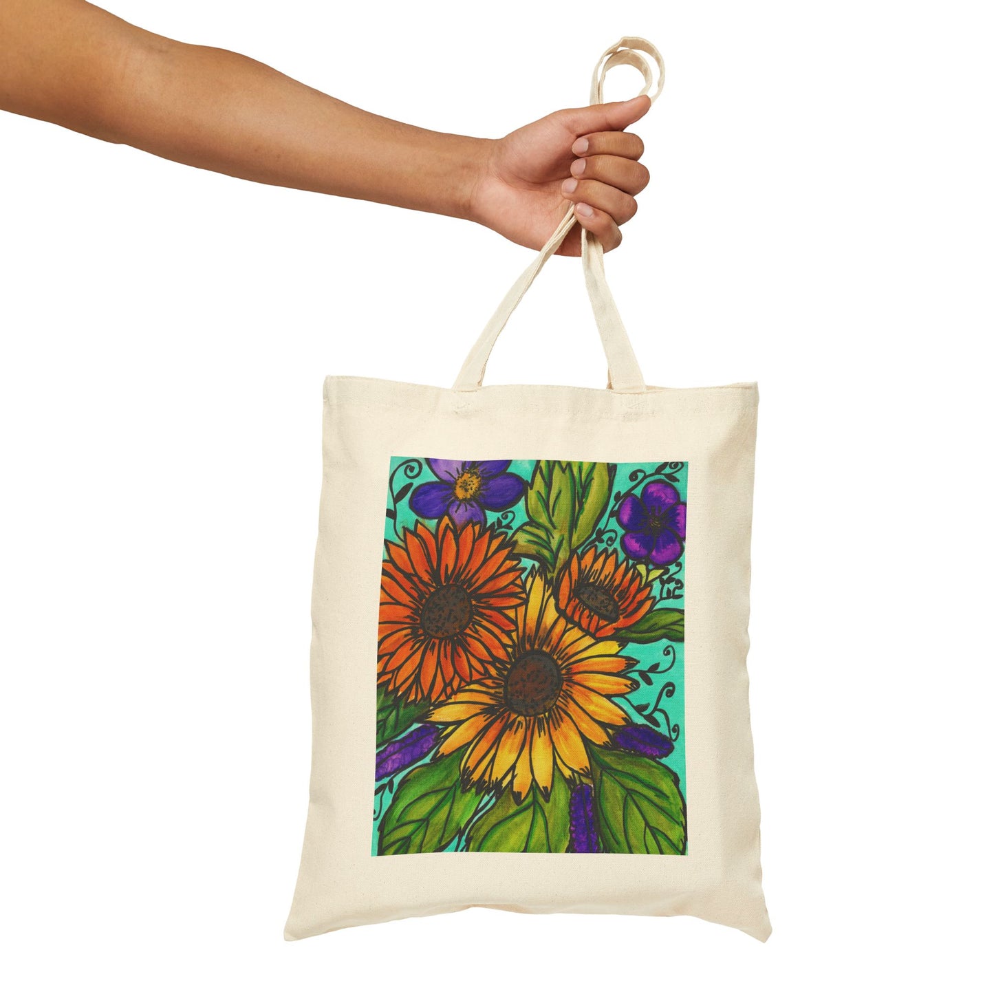 Sunflowers and Violets Cotton Canvas Tote Bag