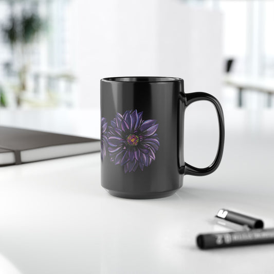 Purple Dahlia Moods Mug 11 oz & 15 oz – Moody Floral Coffee Cup – Black Ceramic Mug with Hand-Painted Art by Heather Anne