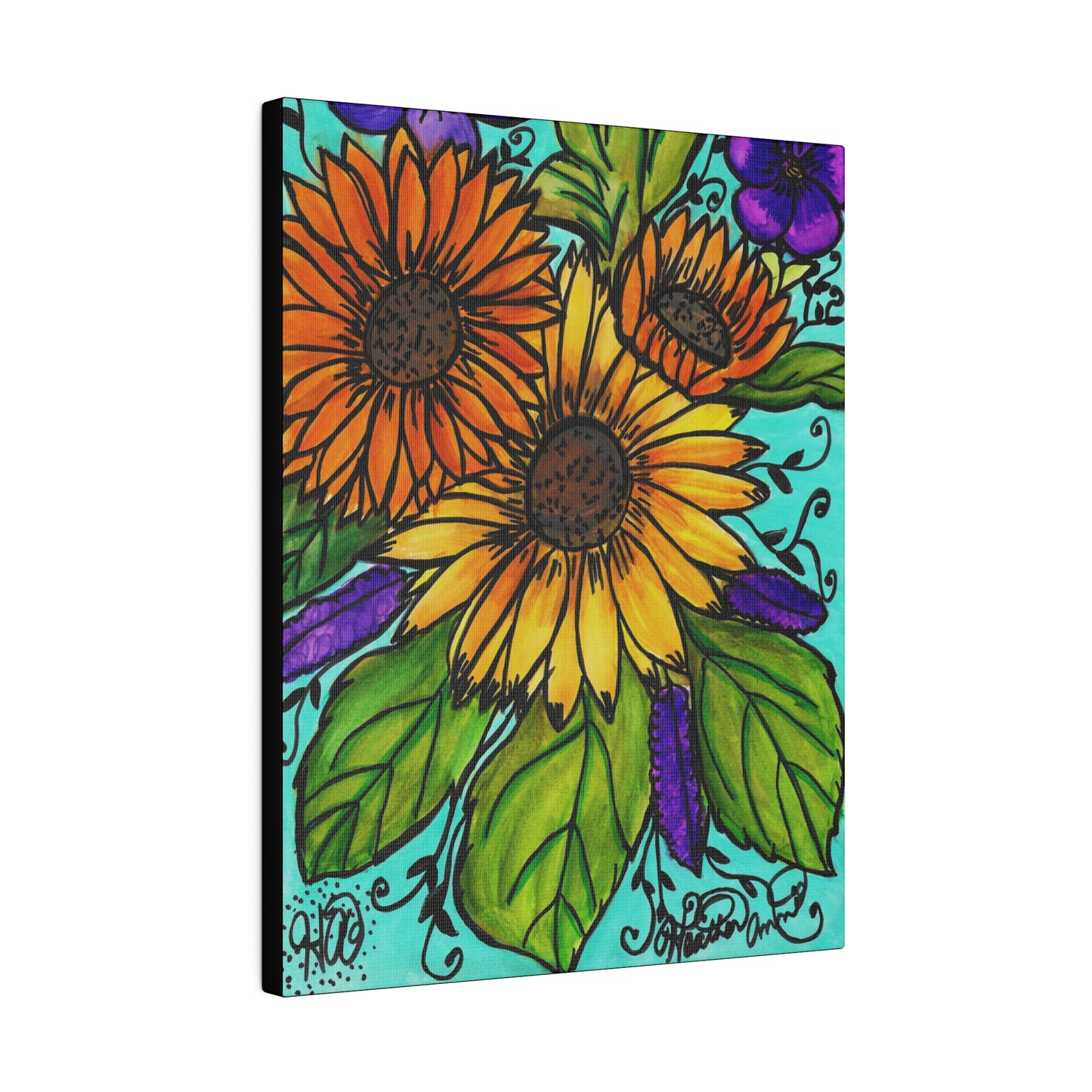 Sunflowers and Violets Canvas Print Watercolor Painting