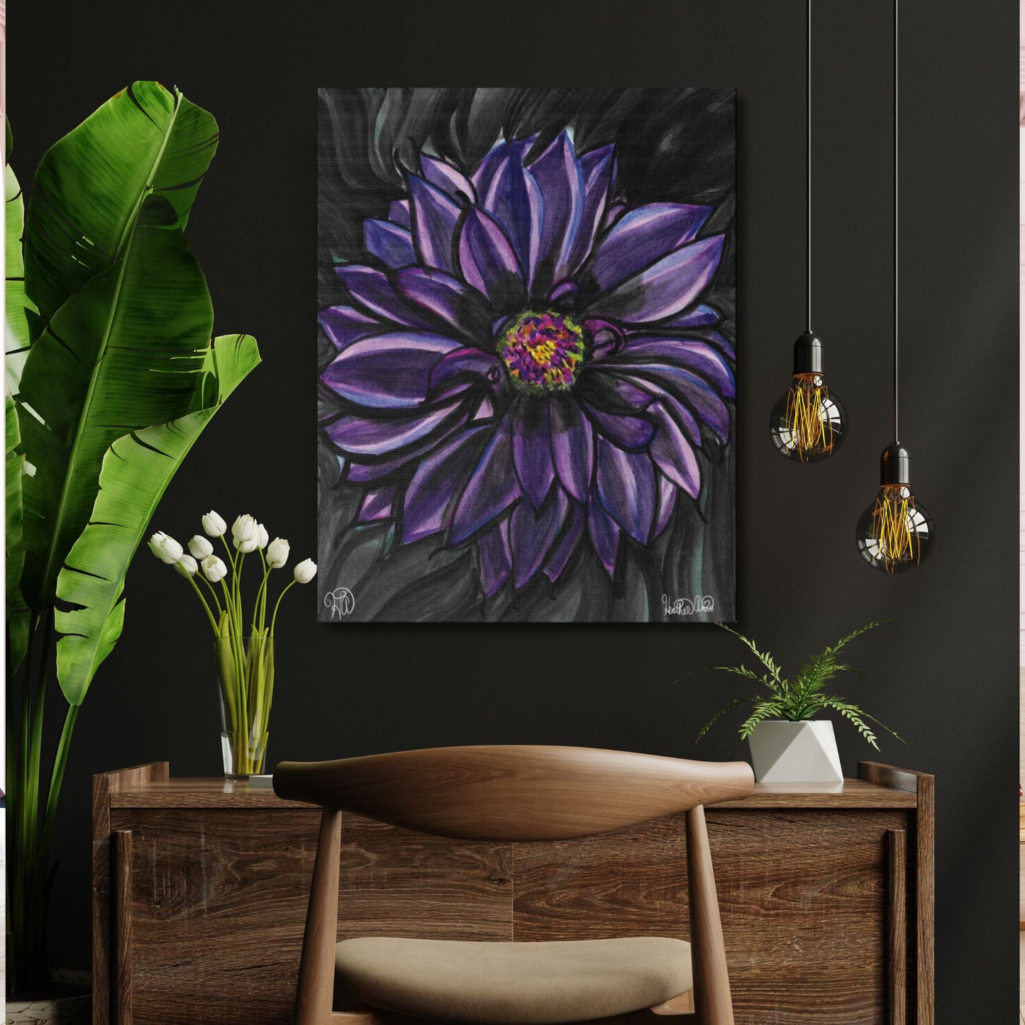 Nocturne Bloom- Purple Dahlia Canvas Print Watercolor Painting