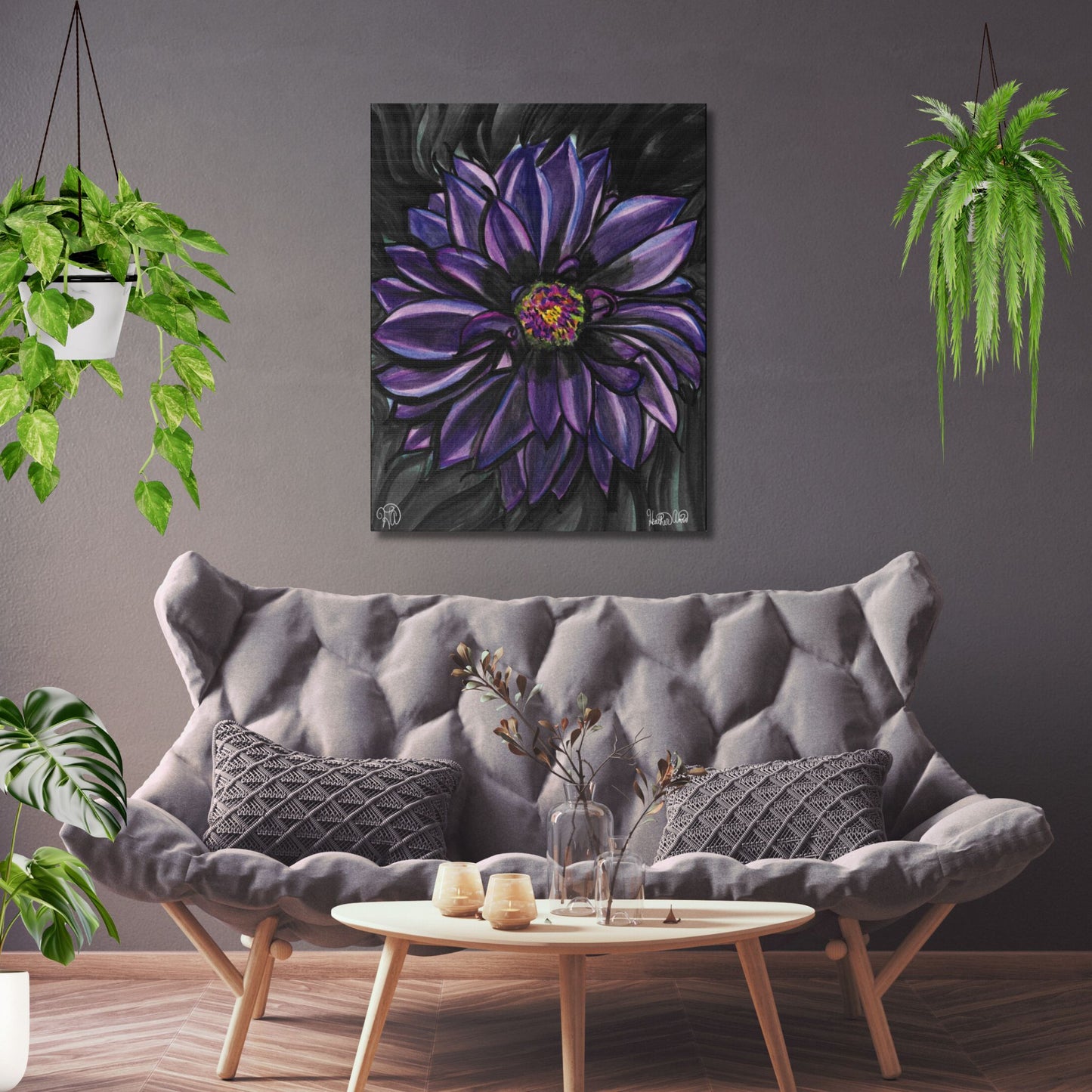 Nocturne Bloom- Purple Dahlia Canvas Print Watercolor Painting