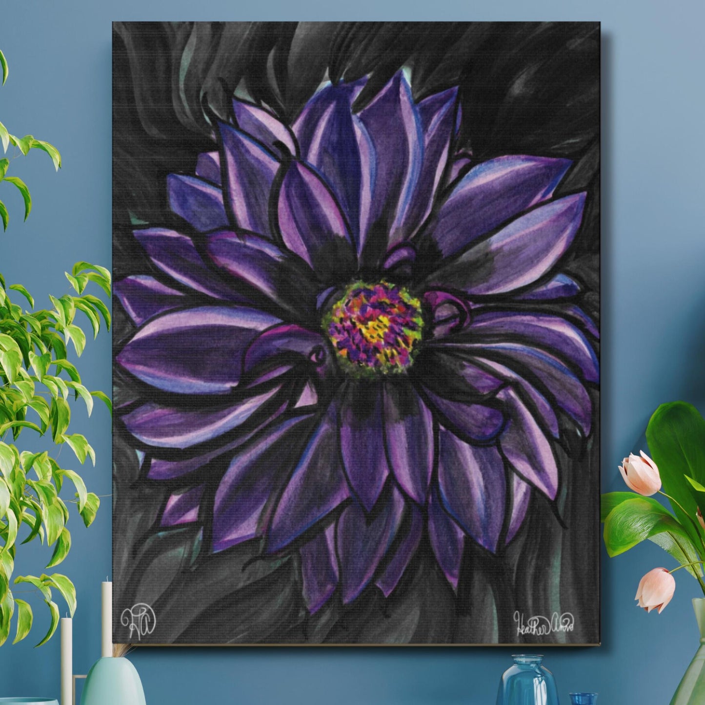 Nocturne Bloom- Purple Dahlia Canvas Print Watercolor Painting
