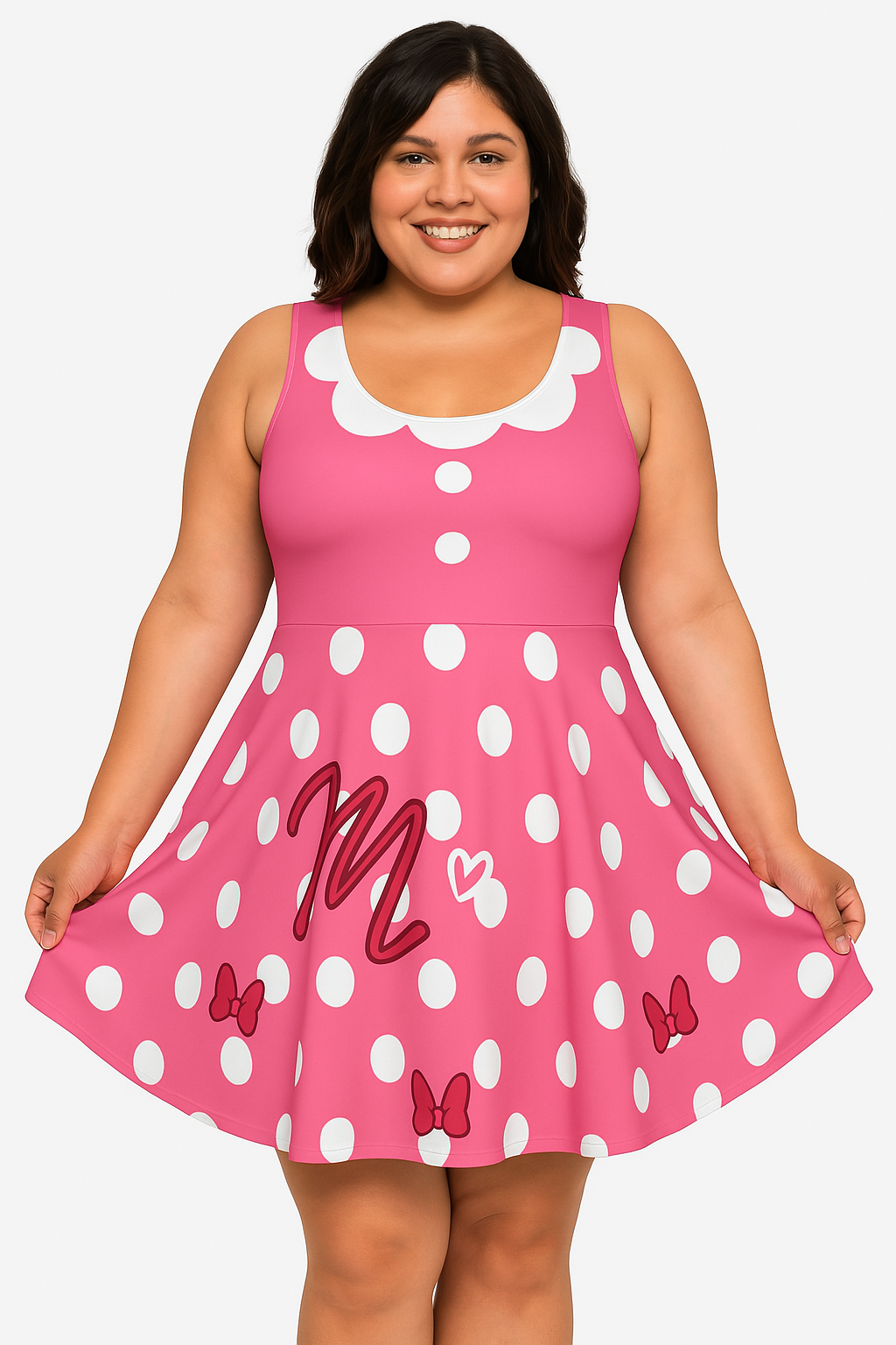 Flowy skirt, halter top, fitted bodice skater dress in pink with polka dots