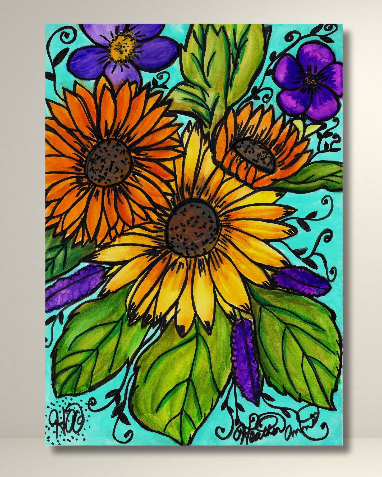 Sunflowers and Violets Canvas Print Watercolor Painting