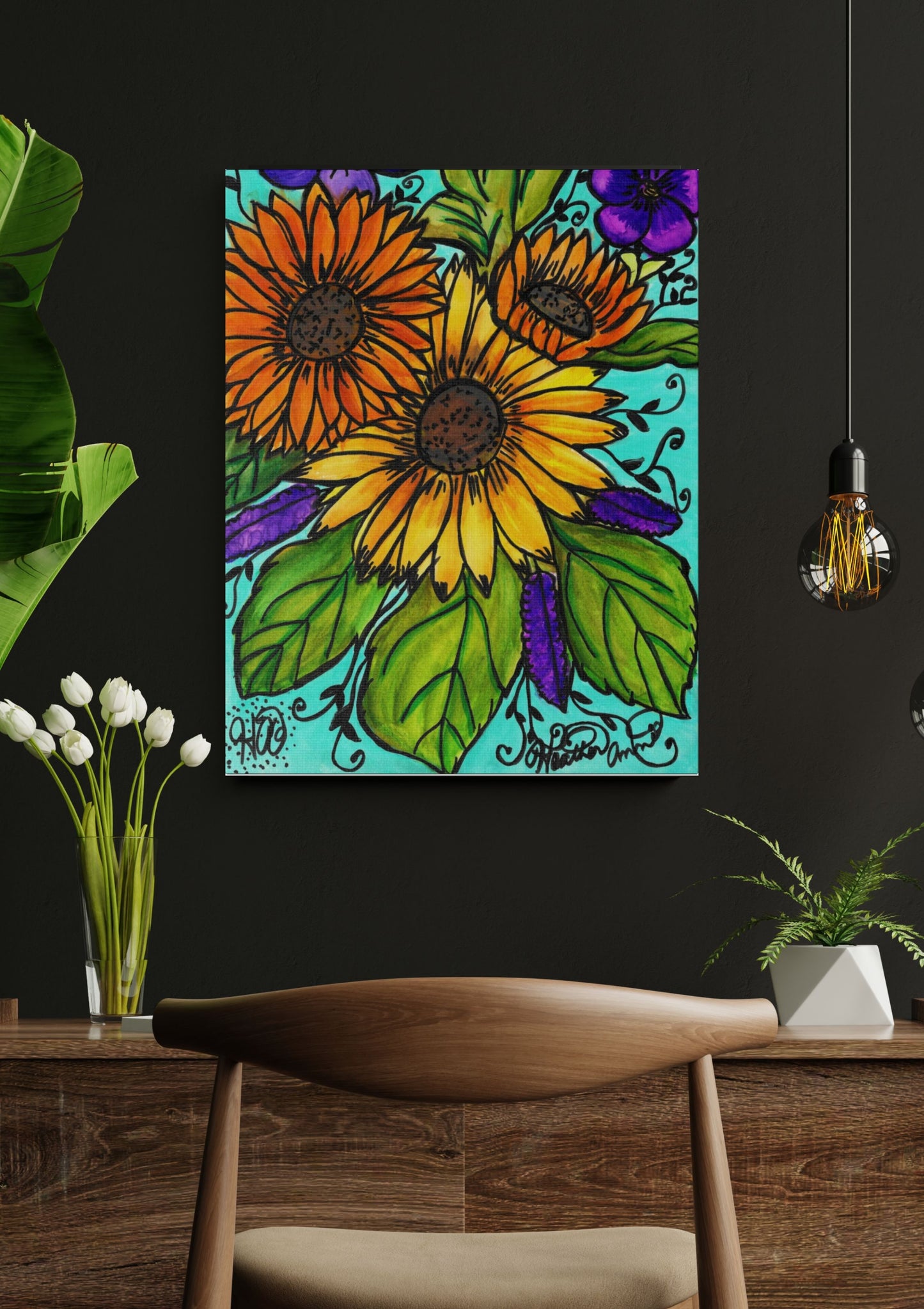 Sunflowers and Violets Canvas Print Watercolor Painting