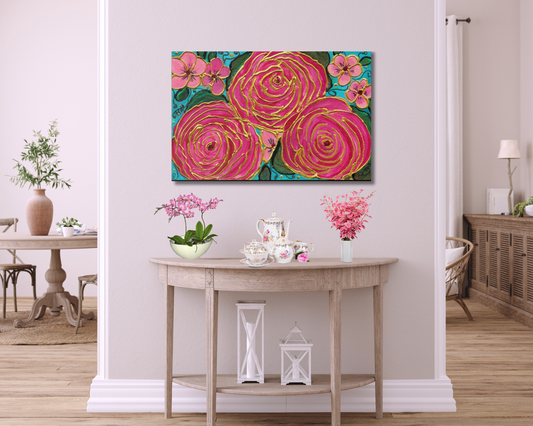 Tropical Gold Roses Canvas Print Acrylic Painting