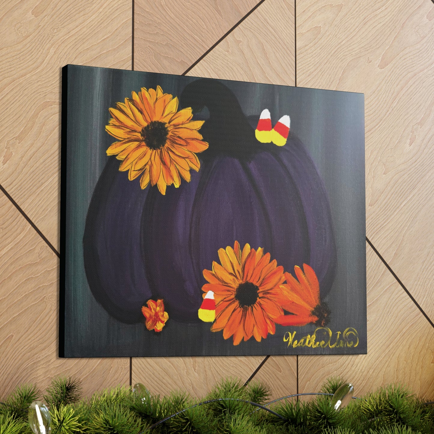 Purple Pumpkin with Sunflowers and Candy Corn Canvas Art Print