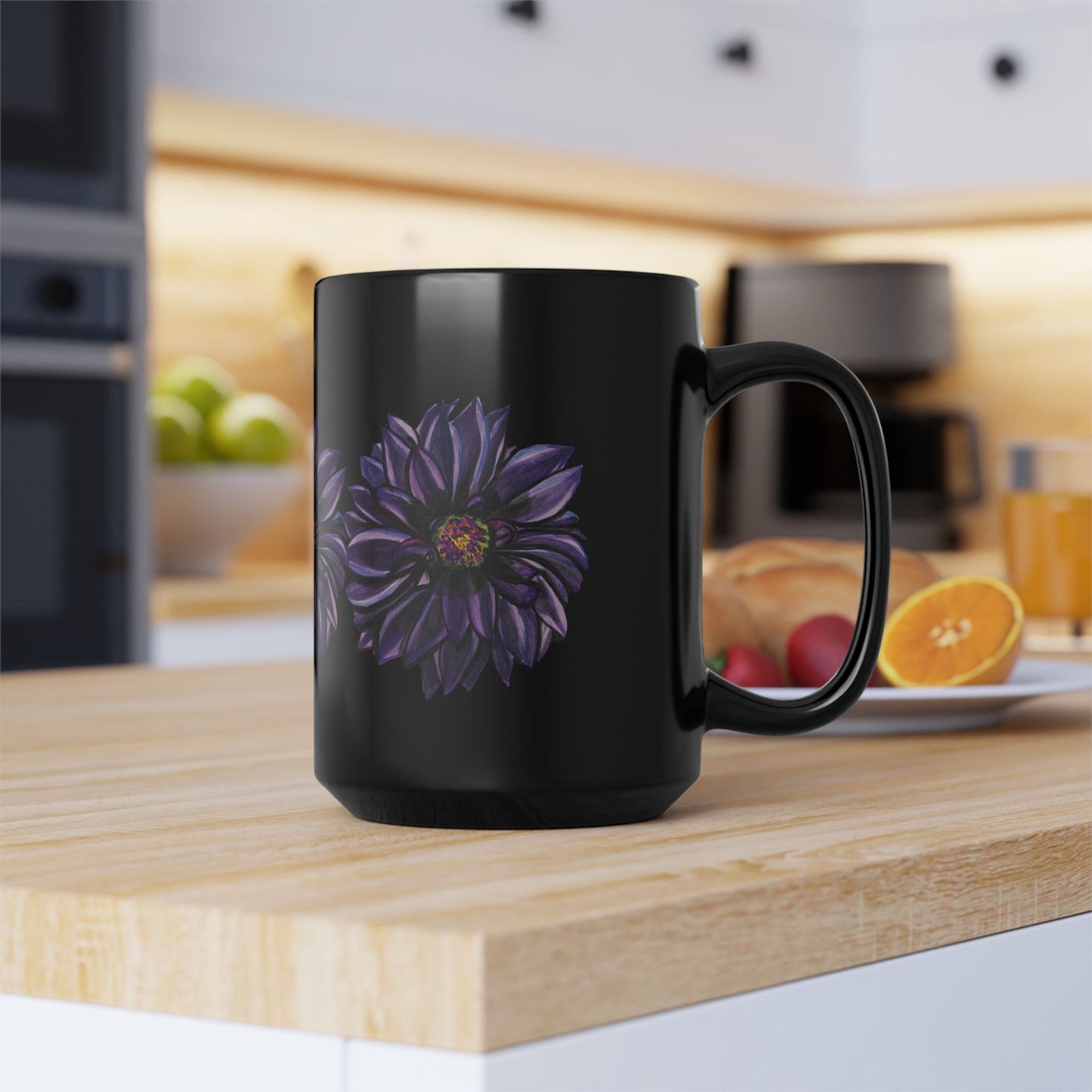 Purple Dahlia Moods Mug 11 oz & 15 oz – Moody Floral Coffee Cup – Black Ceramic Mug with Hand-Painted Art by Heather Anne
