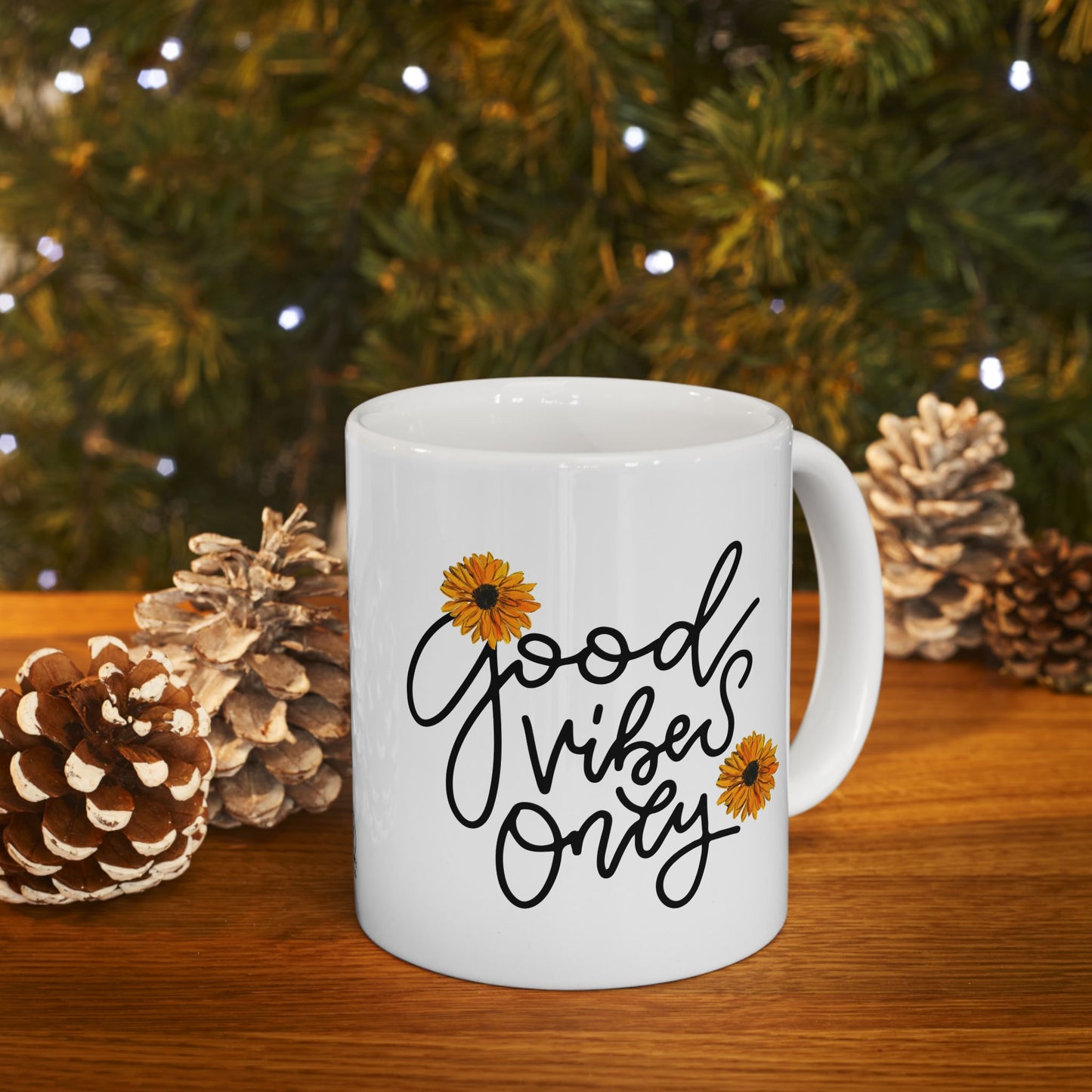 Good Vibes Only Daisy Mug, Positive Vibes Coffee Cup with Hand-Painted Floral Design, Inspirational Gift, 11oz & 15oz