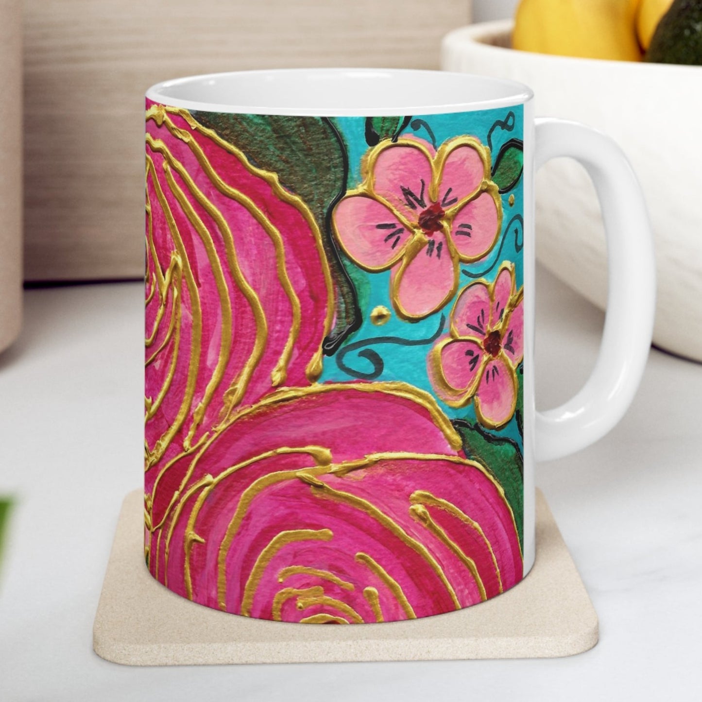 Tropical Gold Roses with Pink Plumeria 11oz Mug