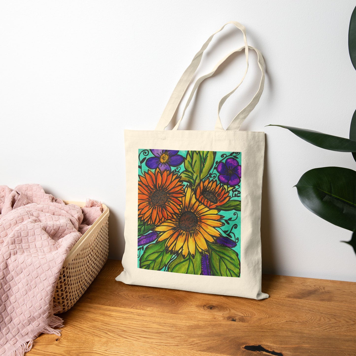Sunflowers and Violets Cotton Canvas Tote Bag