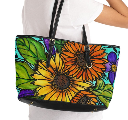 Sunflowers and Violets PU Leather Double Sided Shoulder Bag