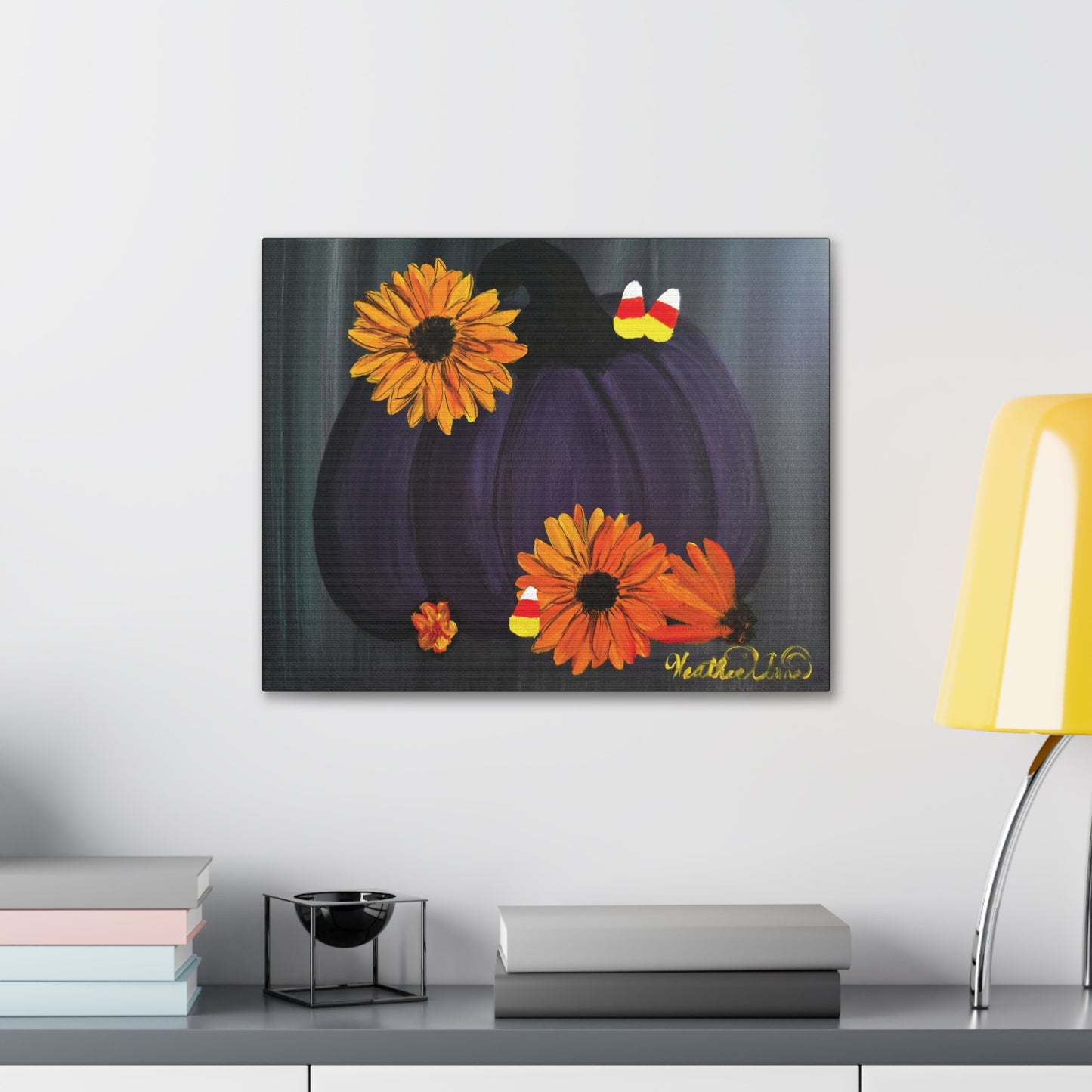 Purple Pumpkin with Sunflowers and Candy Corn Canvas Art Print