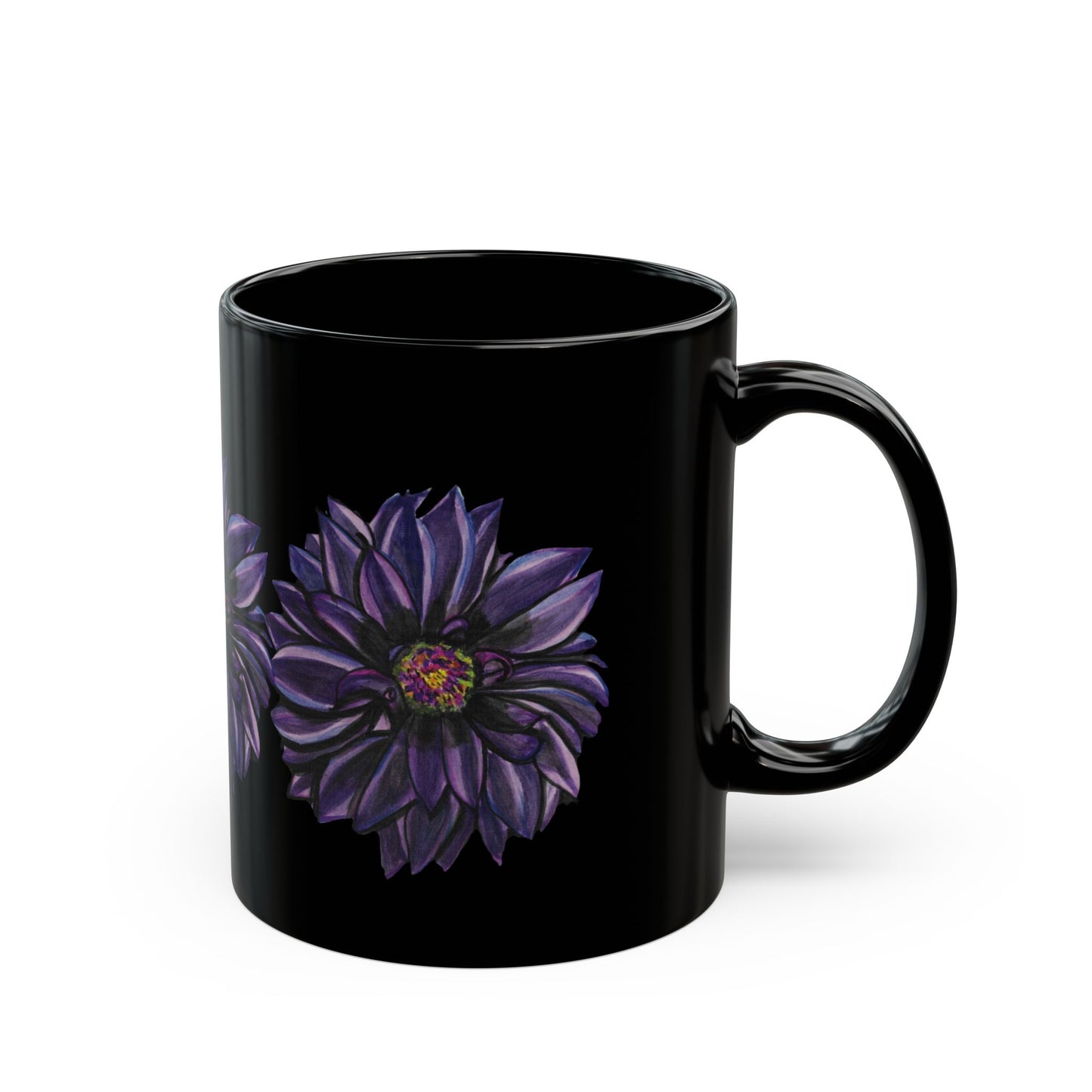 Purple Dahlia Moods Mug 11 oz & 15 oz – Moody Floral Coffee Cup – Black Ceramic Mug with Hand-Painted Art by Heather Anne