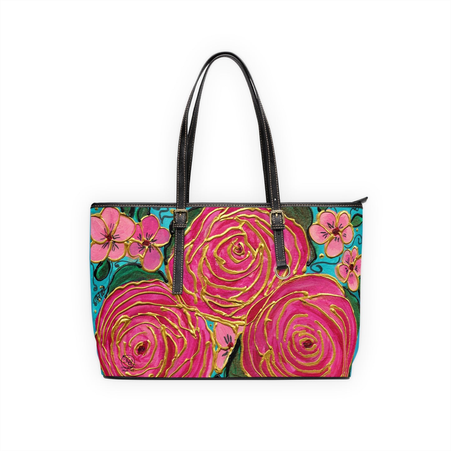 Tropical Gold Roses with Pink Plumeria PU Leather Shoulder Bag