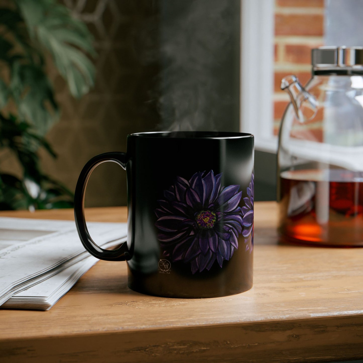 Purple Dahlia Moods Mug 11 oz & 15 oz – Moody Floral Coffee Cup – Black Ceramic Mug with Hand-Painted Art by Heather Anne