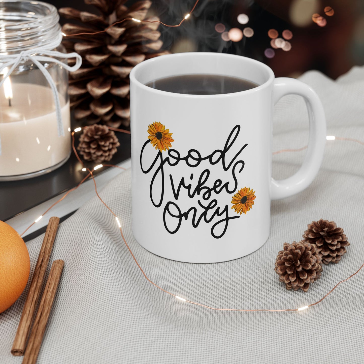 Good Vibes Only Daisy Mug, Positive Vibes Coffee Cup with Hand-Painted Floral Design, Inspirational Gift, 11oz & 15oz