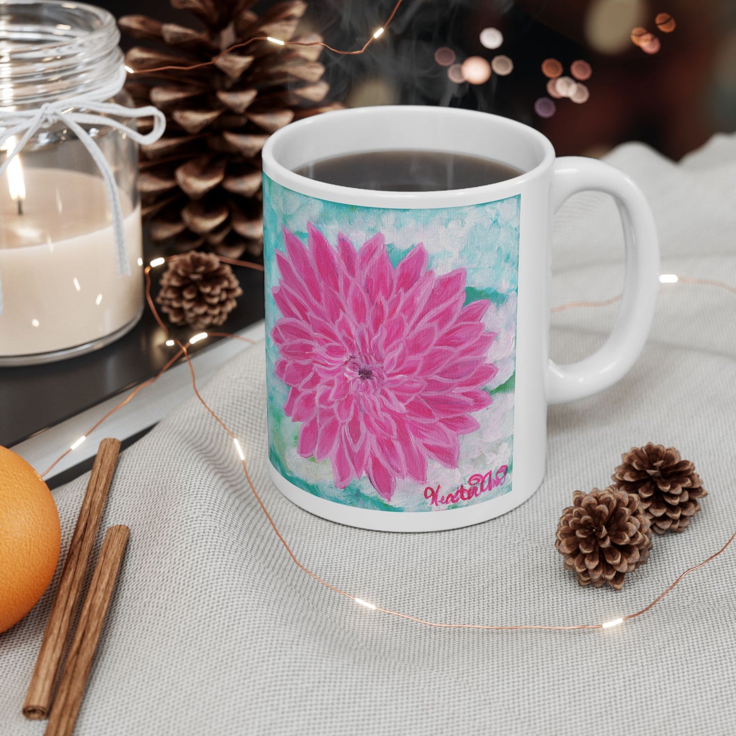 Pink Dahlia No. 1: Blush and Sky Mug – Pink Dahlia Flower Art Mug on Aqua – Ceramic Coffee Cup with Original Art by Heather Anne