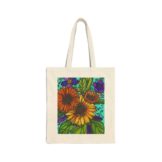 Sunflowers and Violets Cotton Canvas Tote Bag