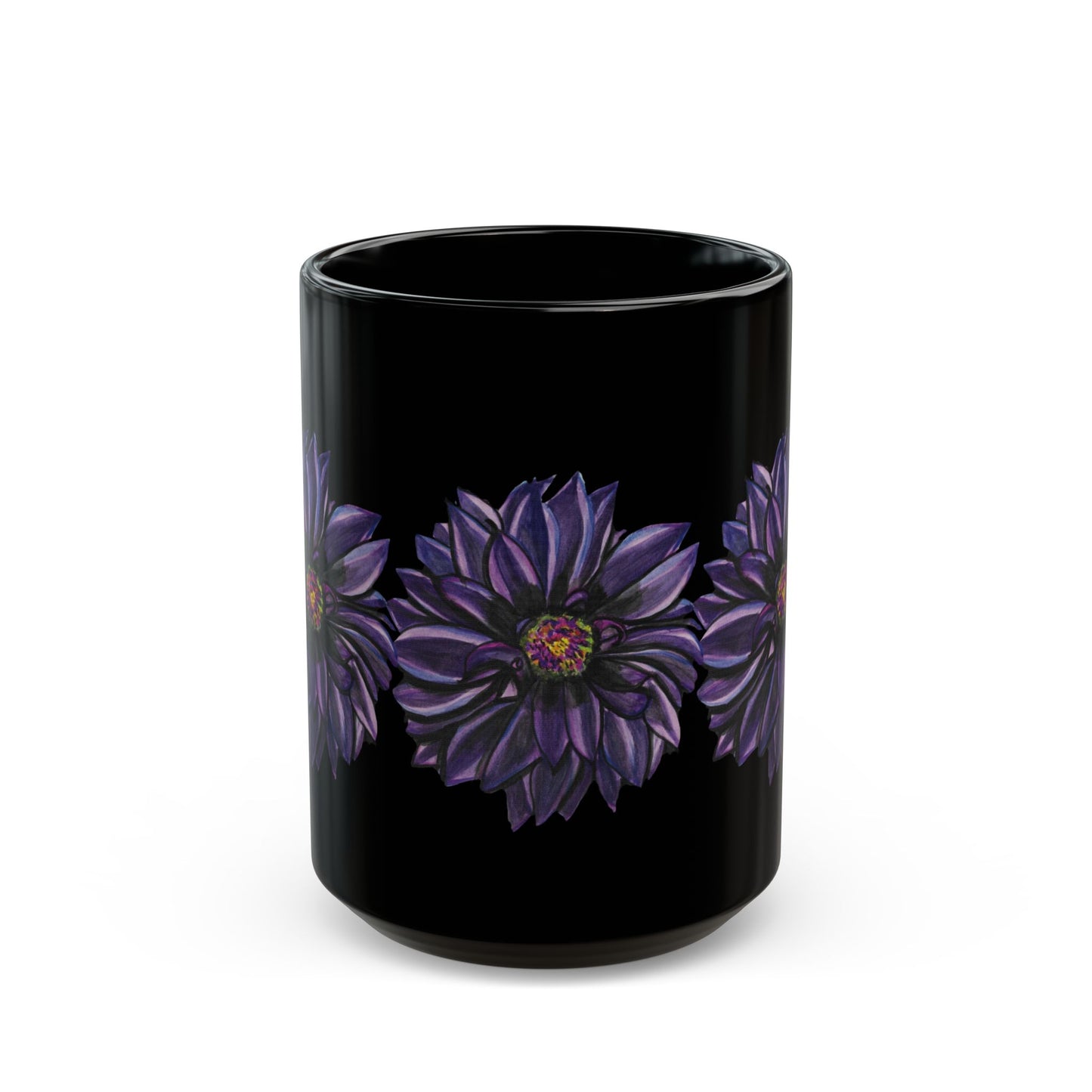 Purple Dahlia Moods Mug 11 oz & 15 oz – Moody Floral Coffee Cup – Black Ceramic Mug with Hand-Painted Art by Heather Anne