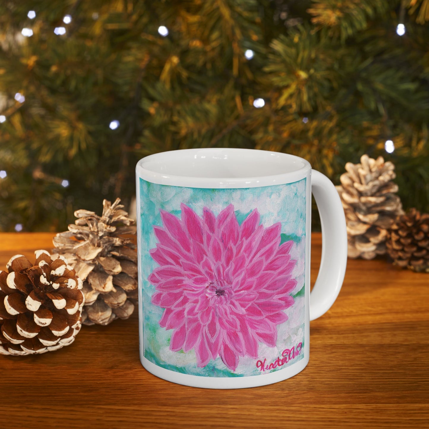 Pink Dahlia No. 1: Blush and Sky Mug – Pink Dahlia Flower Art Mug on Aqua – Ceramic Coffee Cup with Original Art by Heather Anne