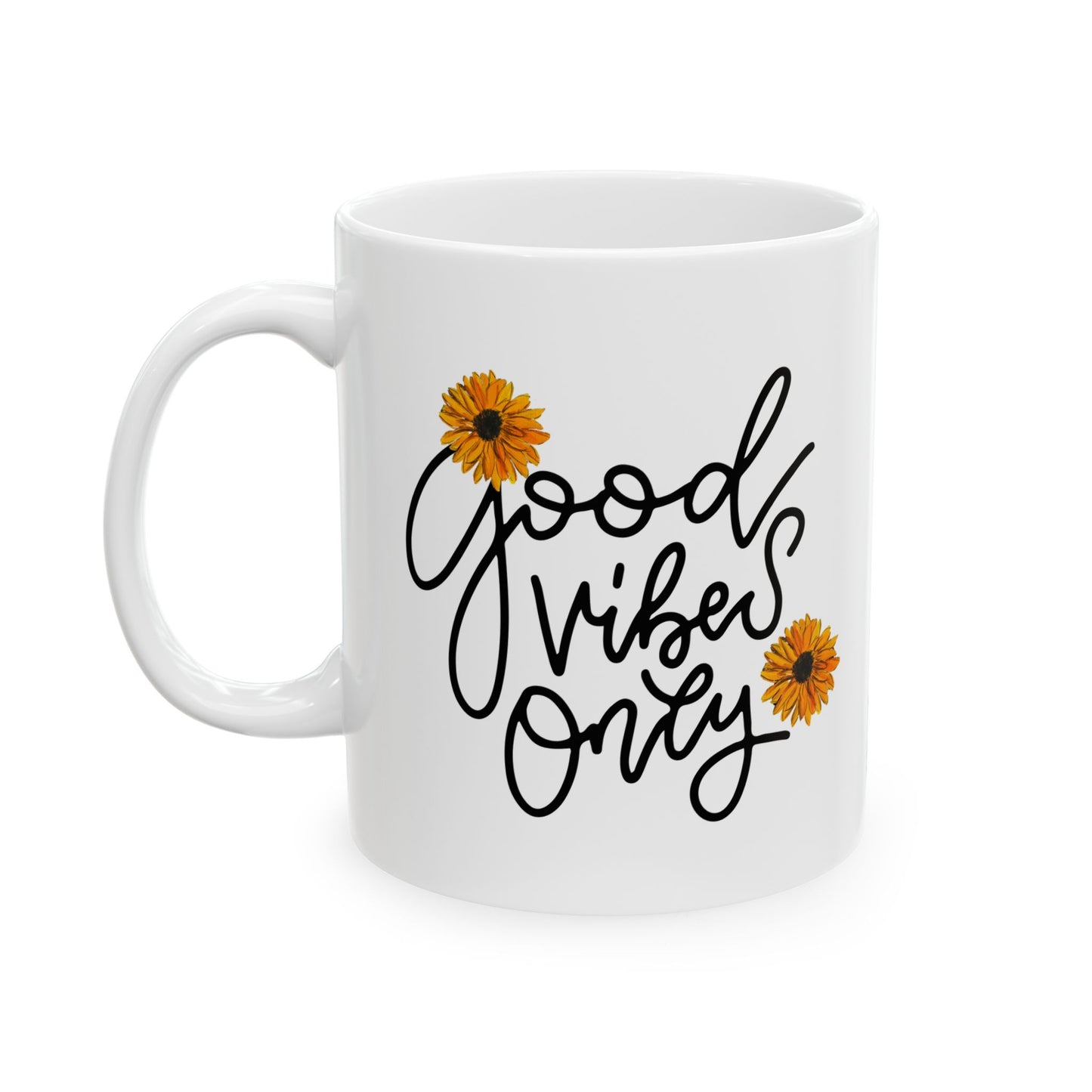 Good Vibes Only Daisy Mug, Positive Vibes Coffee Cup with Hand-Painted Floral Design, Inspirational Gift, 11oz & 15oz