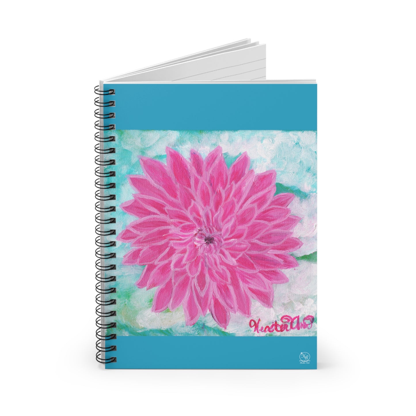 Pink Dahlia No. 1: Blush and Sky Journal Notebook TEAL TURQUOISE COVER, Lined, Spiral Bound, 118 pages Diary with Original Art by Heather Anne