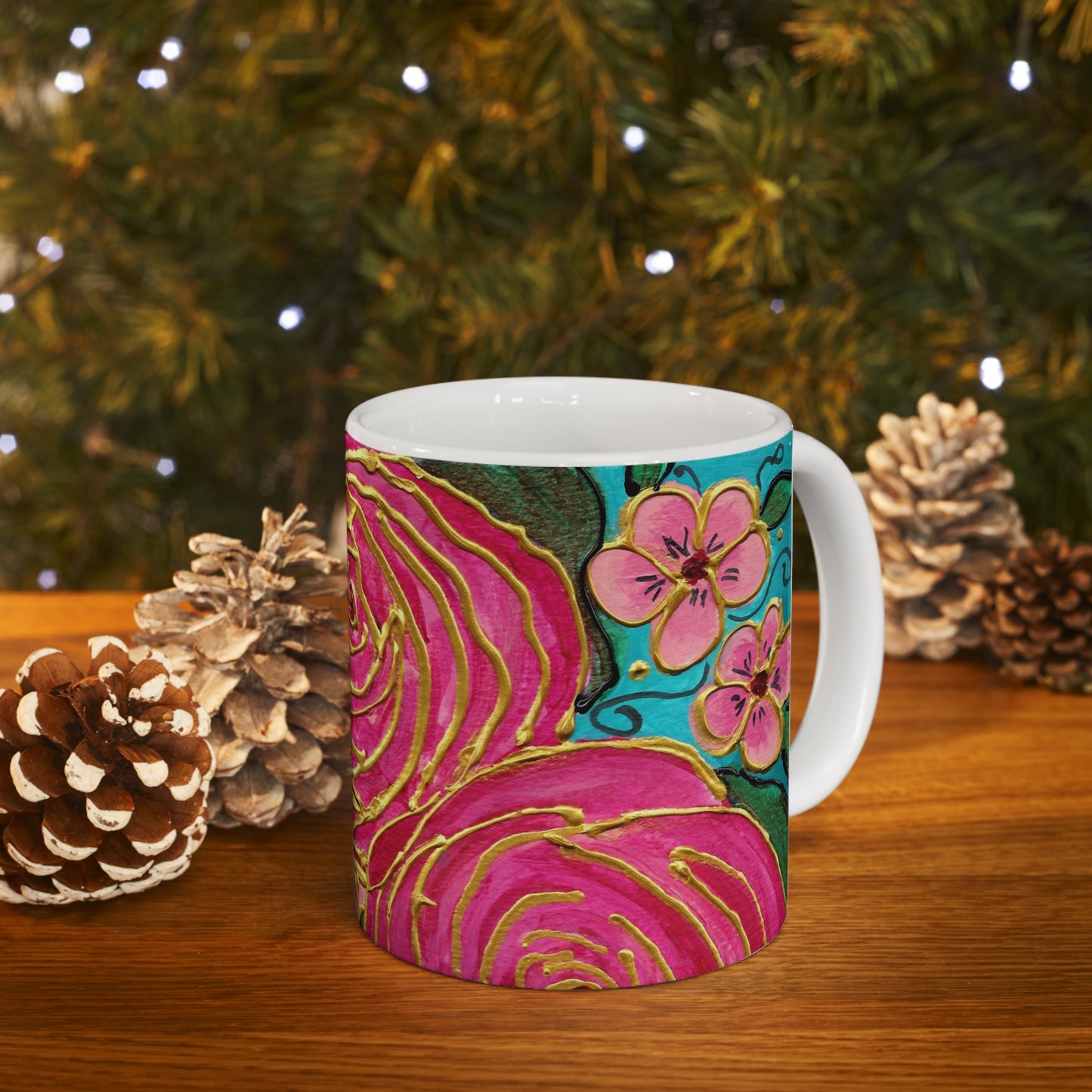 Tropical Gold Roses with Pink Plumeria 11oz Mug