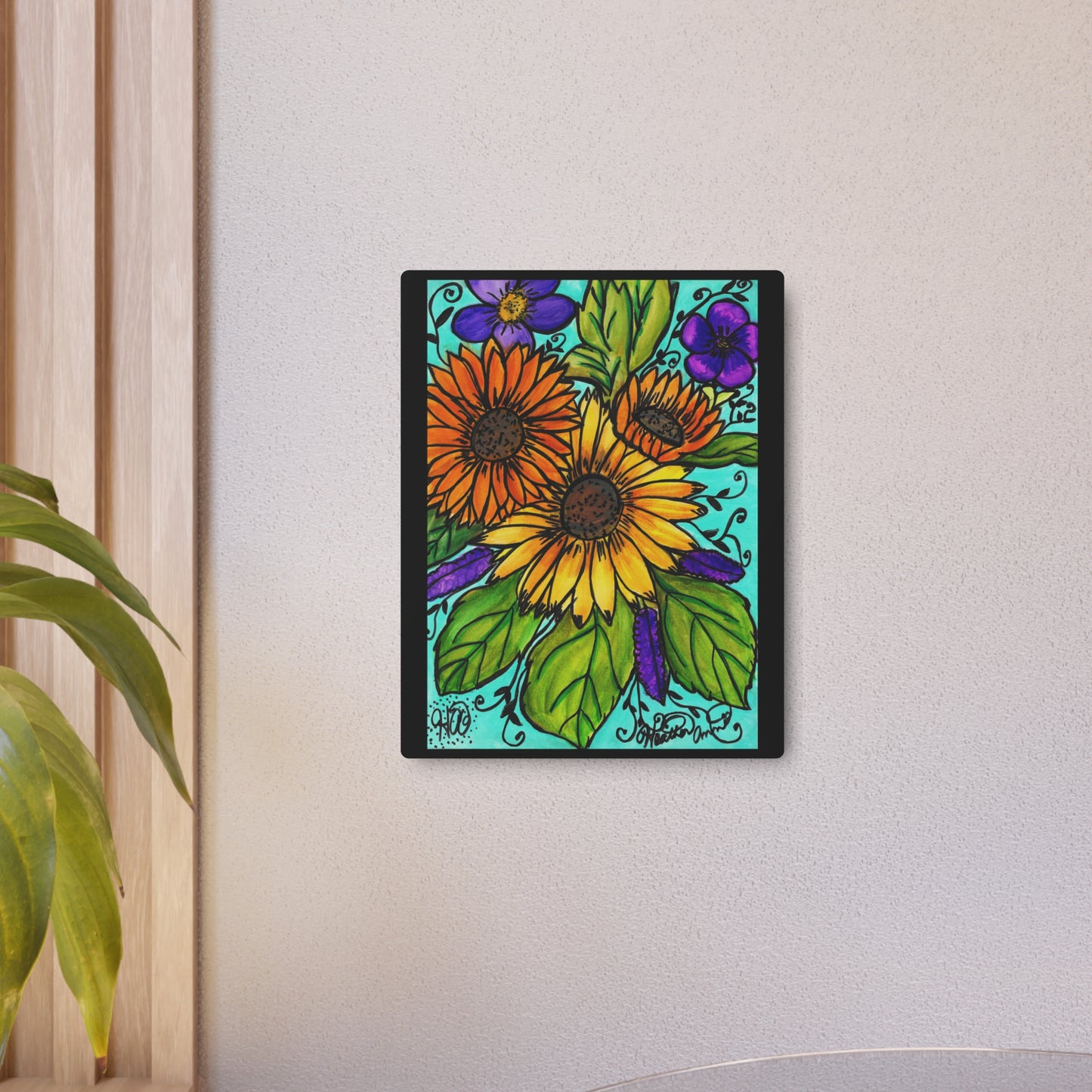 Sunflowers and Violets METAL Vintage Style Art Print