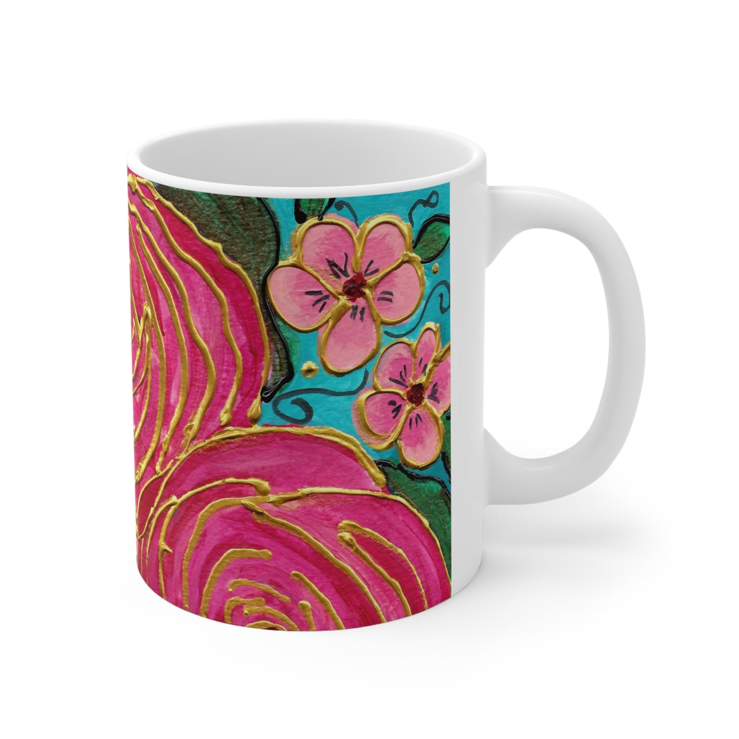 Tropical Gold Roses with Pink Plumeria 11oz Mug