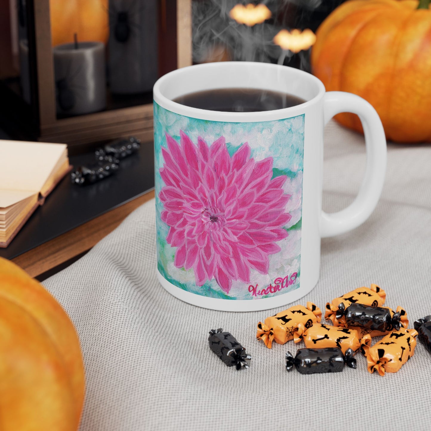 Pink Dahlia No. 1: Blush and Sky Mug – Pink Dahlia Flower Art Mug on Aqua – Ceramic Coffee Cup with Original Art by Heather Anne