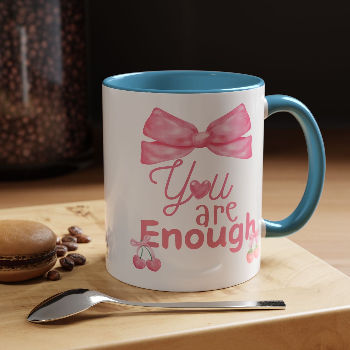 You Are Enough Coquette Style Mug with Pink Bows Cherries & Strawberries