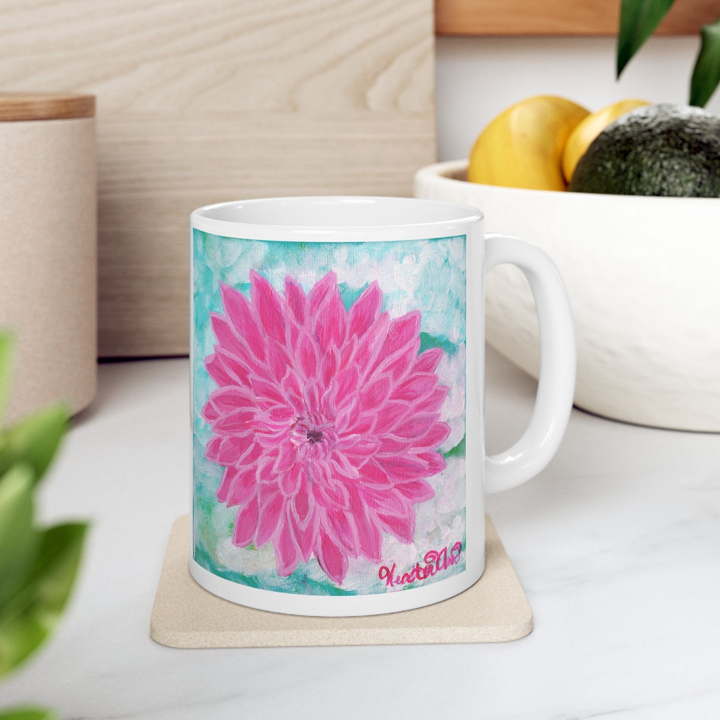 Pink Dahlia No. 1: Blush and Sky Mug – Pink Dahlia Flower Art Mug on Aqua – Ceramic Coffee Cup with Original Art by Heather Anne