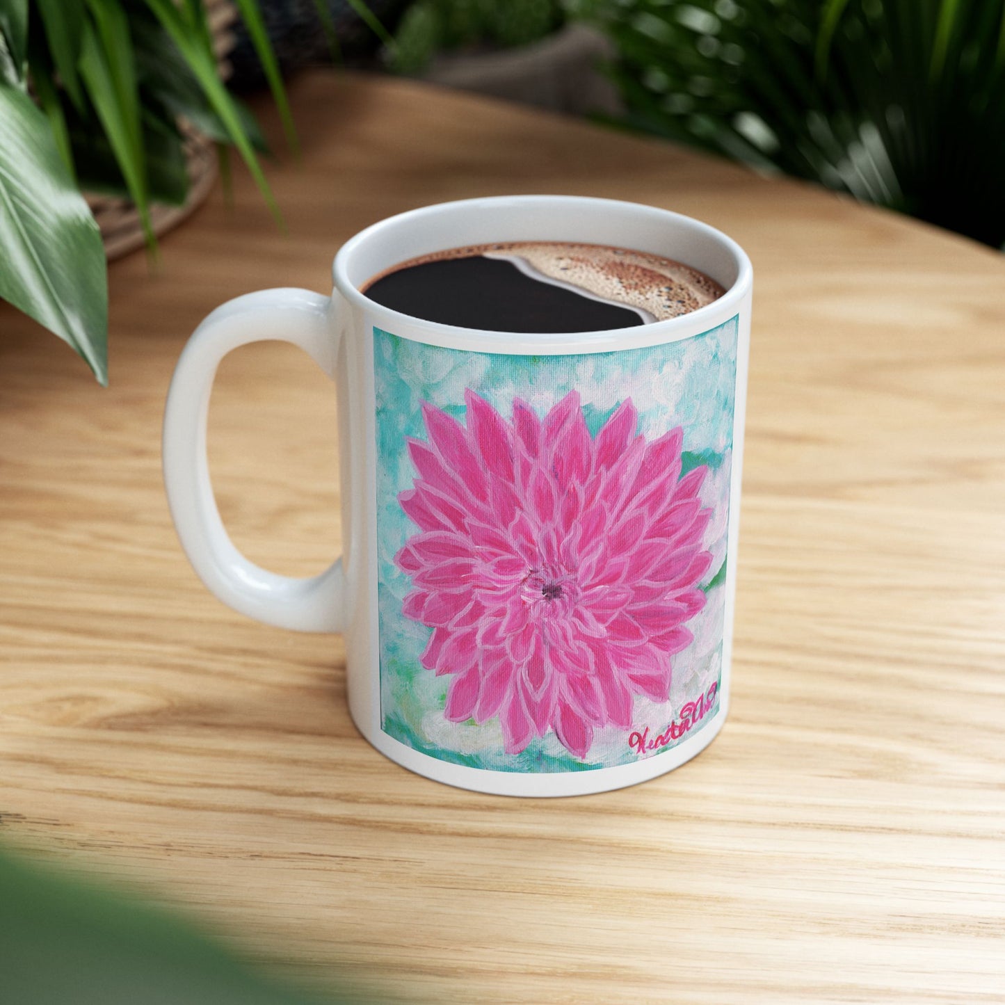 Pink Dahlia No. 1: Blush and Sky Mug – Pink Dahlia Flower Art Mug on Aqua – Ceramic Coffee Cup with Original Art by Heather Anne