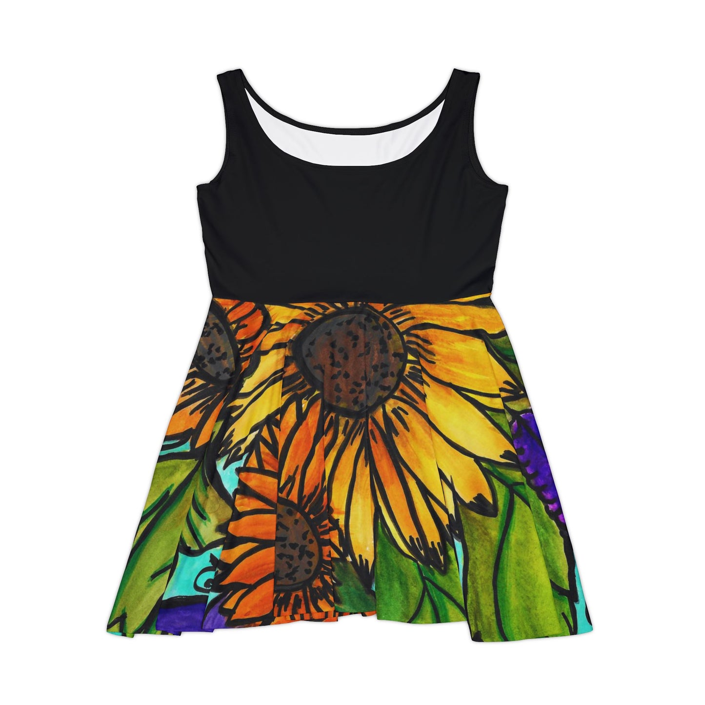 Sunflowers and Violets Floral Painted Skater Dress