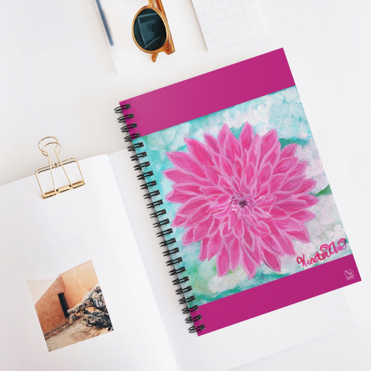 Pink Dahlia No. 1: Blush and Sky Journal Notebook BRIGHT PINK COVER, Lined,, Spiral Bound, 118 pages with Original Art by Heather Anne