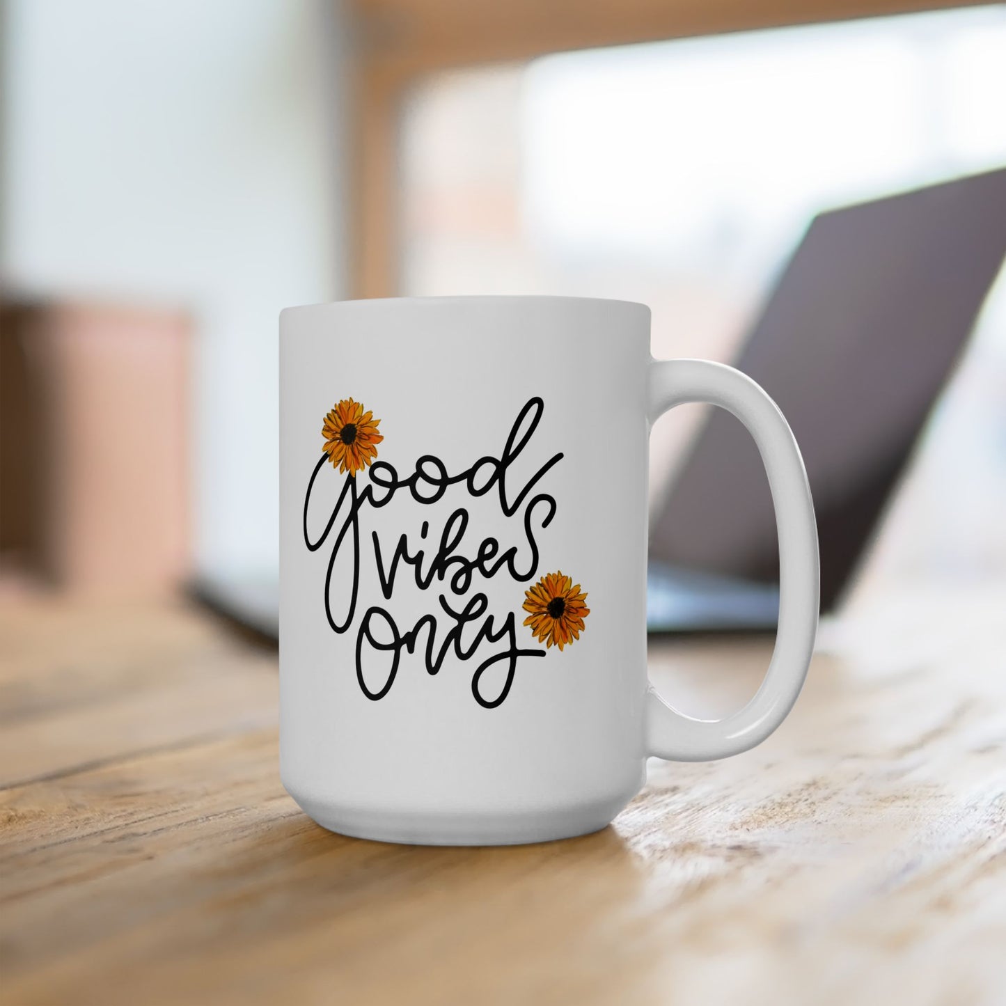 Good Vibes Only Daisy Mug, Positive Vibes Coffee Cup with Hand-Painted Floral Design, Inspirational Gift, 11oz & 15oz