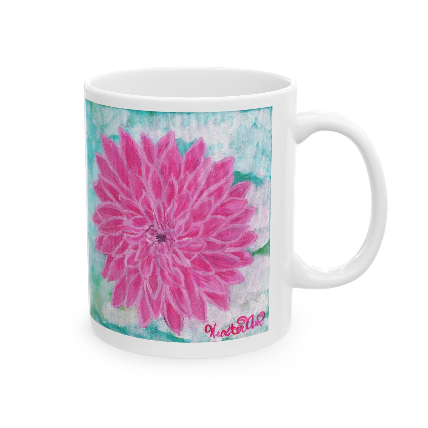 Pink Dahlia No. 1: Blush and Sky Mug – Pink Dahlia Flower Art Mug on Aqua – Ceramic Coffee Cup with Original Art by Heather Anne