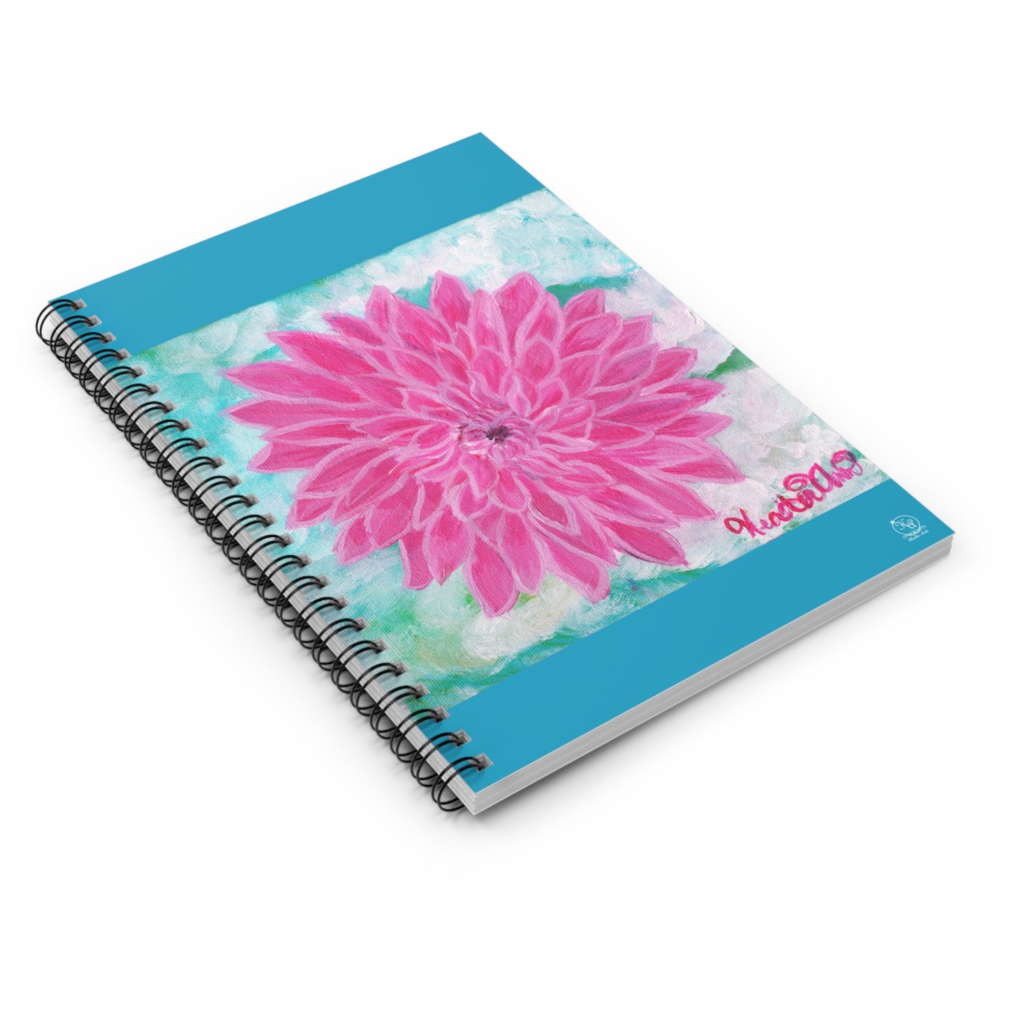 Pink Dahlia No. 1: Blush and Sky Journal Notebook TEAL TURQUOISE COVER, Lined, Spiral Bound, 118 pages Diary with Original Art by Heather Anne