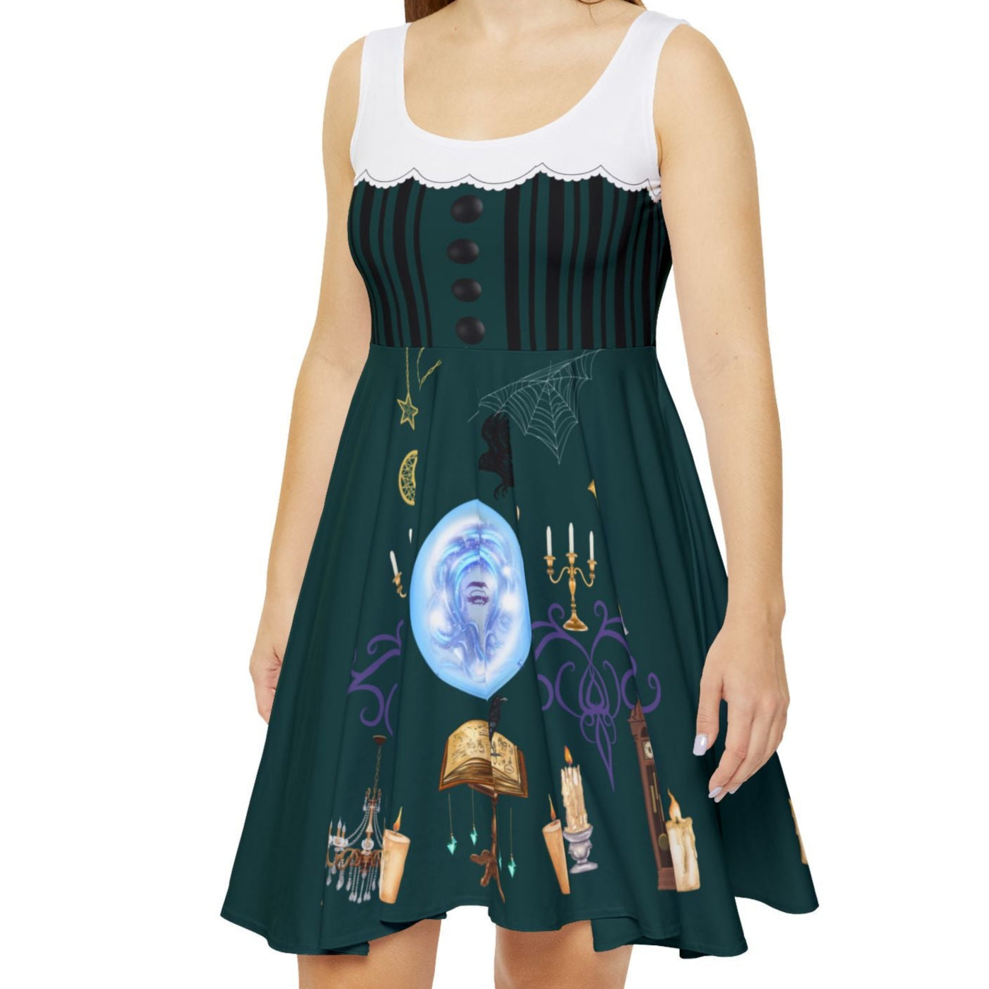 Woman wearing a dark green dress inspired by Haunted Mansion. 