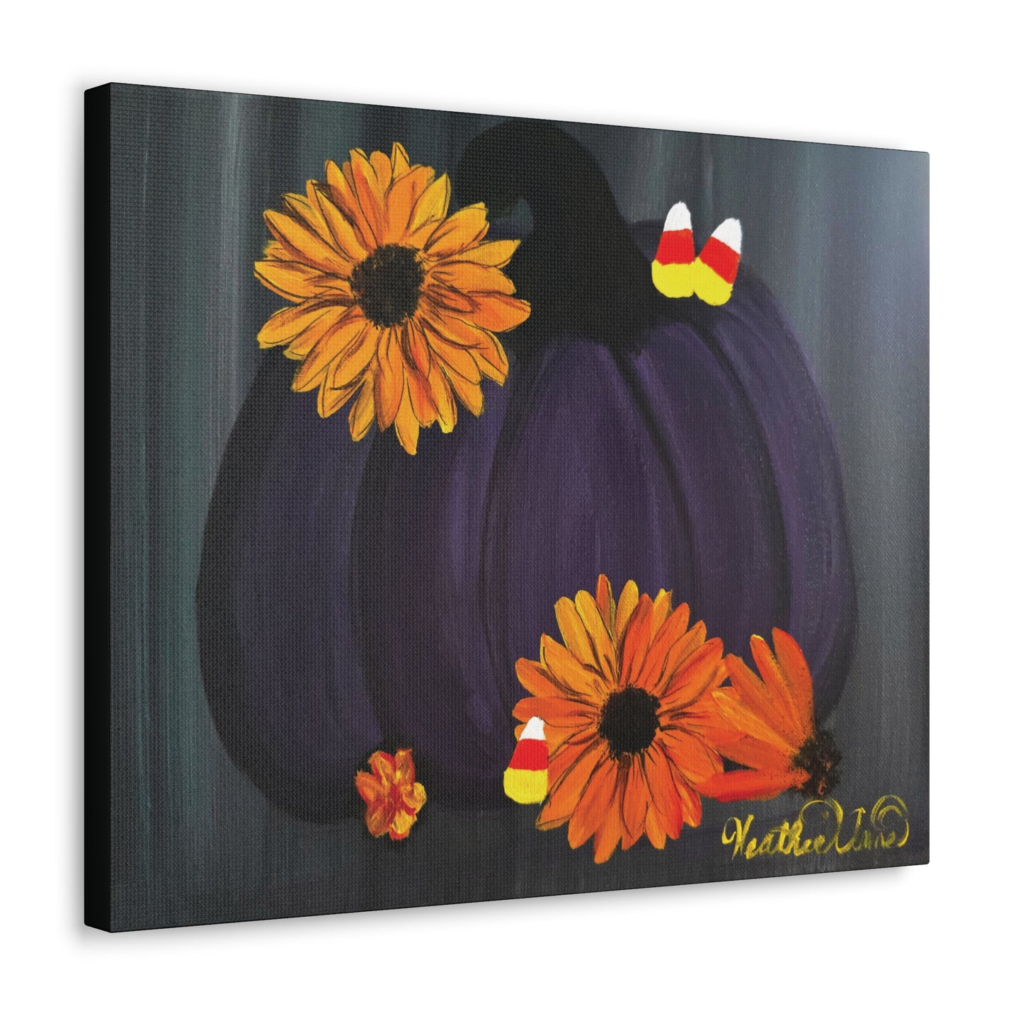 Purple Pumpkin with Sunflowers and Candy Corn Canvas Art Print