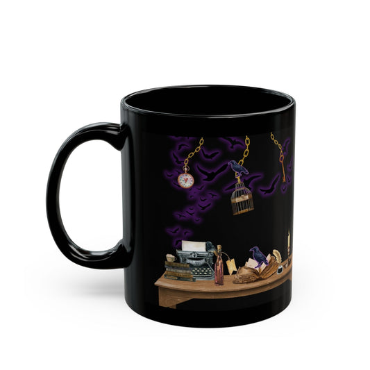 Black mug with Edgar Allan Poe themed The Raven scene of a dark academia spooky library. 