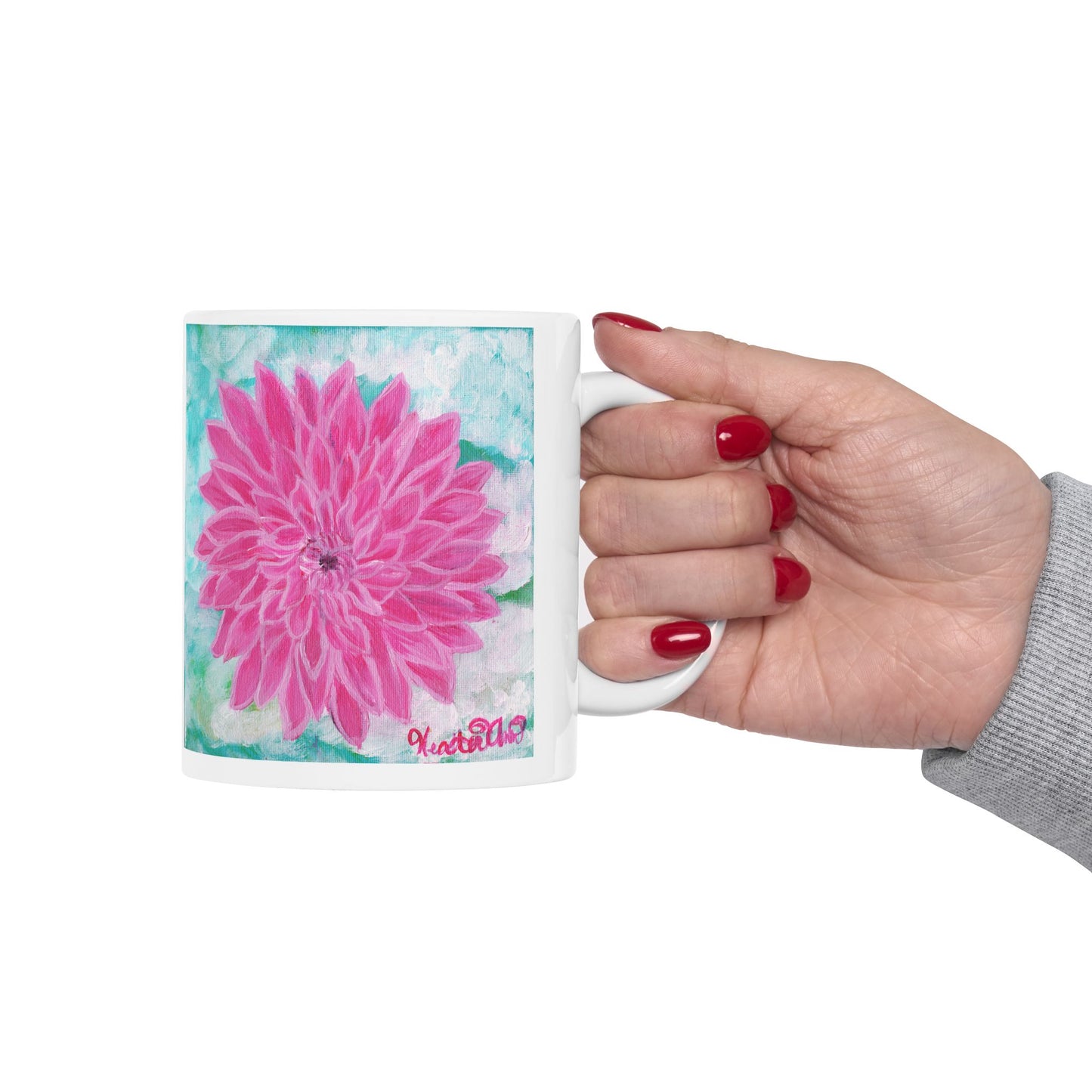 Pink Dahlia No. 1: Blush and Sky Mug – Pink Dahlia Flower Art Mug on Aqua – Ceramic Coffee Cup with Original Art by Heather Anne