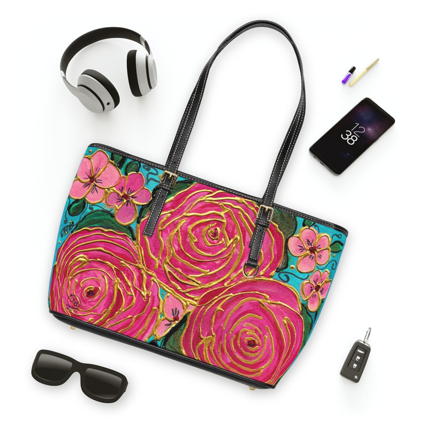 Tropical Gold Roses with Pink Plumeria PU Leather Shoulder Bag